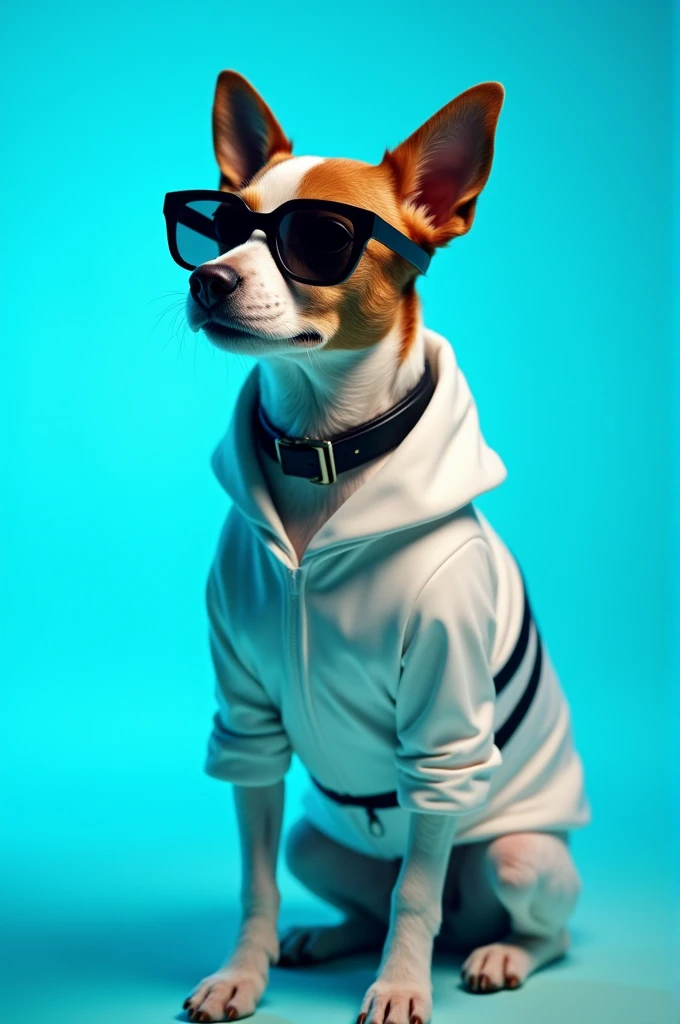 The best cell phone wallpaper, Award-Winning Wallpaper, portrait photography, In the front view is a portrait of a cute dog wearing mid-1960s space age fashion, Side view photo, Shot with Canon EOS R5, Set a strong contrast that accentuates the subject, Fluorescent blue tone, Wearing a very modern coat and sunglasses is a modern 1960s style, Clothes all in one color, beautiful background