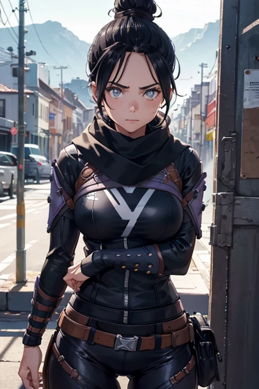 Foto de corpo inteiro, (Highly detailed CG Unity 8k wallpaper),(masterpiece), (highest quality), (super detailed), (Best Illustration),(best shadow), Wraith apex legends, pretty face focus, Masterpiece artwork, best qualityer, kissshotms, 1 girl, natta, Efeito de Luz, Masterpiece artwork, best qualityer, 1 girl, mature woman, breasts big, 8k, UHF, (abdomen, )muscular woman, Waist slender, detailedeyes, FGO1, 1stClothing, 1 girl, solo, hair bun simples, hair bun, scarf, sultry posing, Bblack hair, black scarf, blue colored eyes, bangss, bangss distributed, Hair behind the ear, mitts, piercing no nariz, mitts pretas