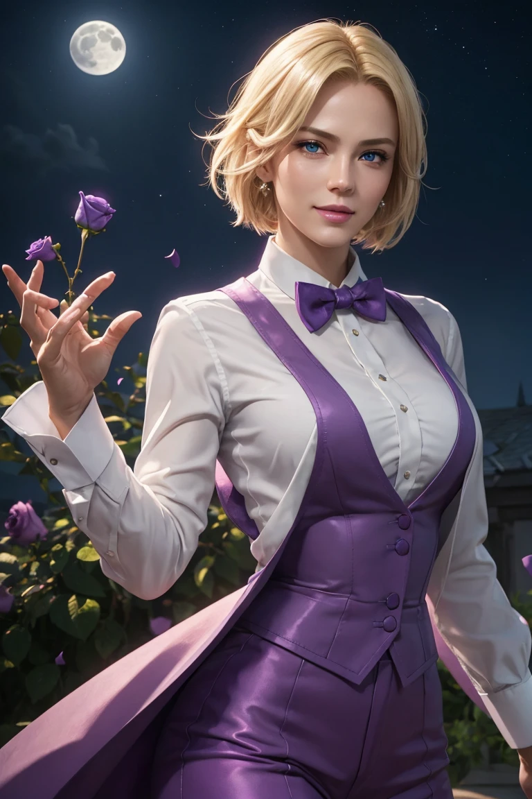 KOF,King of Fighters,King,Blue Eyes,Blonde Hair,Medium Hair,White long shirt,Purple vest,A bow tie,Beautiful white skin,Photorealistic,Ultra HD,high quality,masterpiece,Digital SLR,Detailed details,Intricate details,Anatomical basis,Depicted in detail,A detailed face,Realistic skin texture,Vivid details,Perfect Anatomy,Perfect Anatomy,Anatomically correct hand,Anatomically correct fingers,Super Detail,Complex 3D rendering,Sexy pose,Fantasy worldview,Beautiful Full Moon,,Beautiful night sky,Purple rose petals fluttering,Picturesque,Pink Lips,smile,