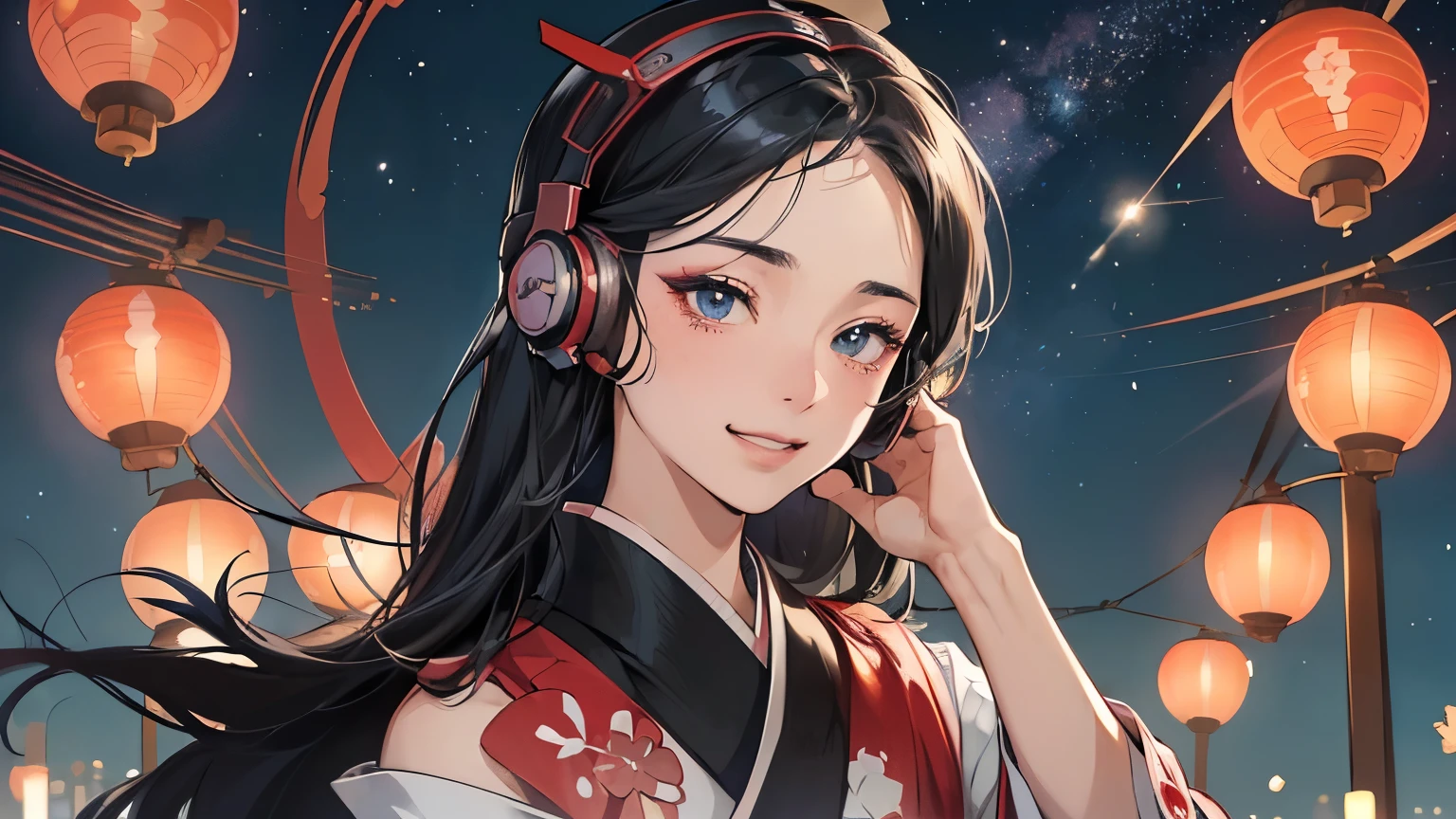 (masterpiece, Digital Art, Digital Illustration, 4K, 8K, Ultra-detailed, beautiful image, Sharp Image, Photorealistic, Raw photo, Perfect face, Perfect lines, Perfect eyes, Soft lighting), 1 woman, (Black hair, straight haired, Bullish gaze, Beautie, ellegance, Solid makeup, 23 y-o woman, small tits: 1.3), (ember, well-muscled, Firm shoulder width, Boyish hairstyle, English gentlemanly style, Show white teeth and smile (embarrassed from, Shy smile:1.1), (Nervous, be shy, sleepy, embarrassed from: 1.1), Romance, Japanese style kimono, Furisode, Flower Street, bright light illuminated with, lantern, Luxurious kanzashi, Sunrise, ((headphones)), ((background: night, starry sky)), ((ukiyo-e style)), ((smile)), ((1 girl)),