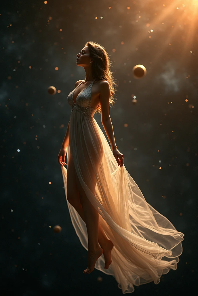 (best quality、high resolution、8K)、Alone in space、goddess、Shut up and smile、Floating、Half Body、Super beautiful、Perfect body、silver dress、(floating in the sky like a star、floating、floating)、The golden light surrounds me、The whole body is in the light、Looking up at the planet