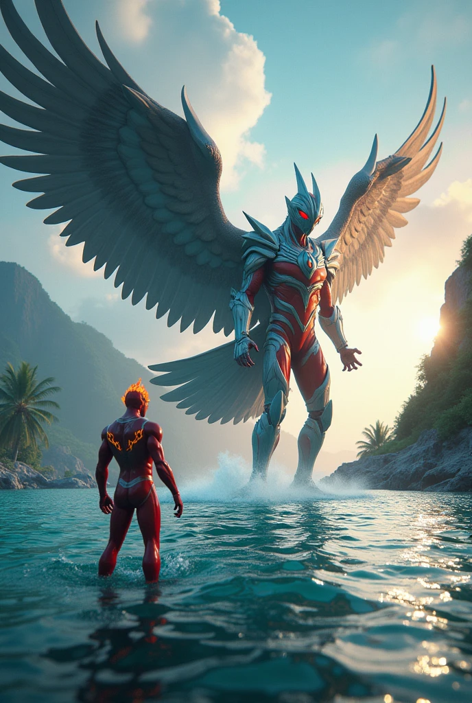 Big way Ultraman zero fight with big giant eagle. On the water. At the island back view. Tilt shift photography. Ultraman 
