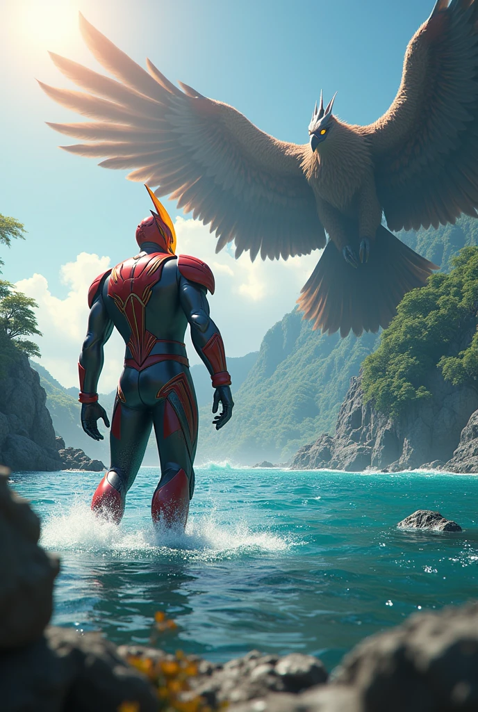 Big way Ultraman zero fight with big giant eagle. On the water. At the island back view. Tilt shift photography. Ultraman