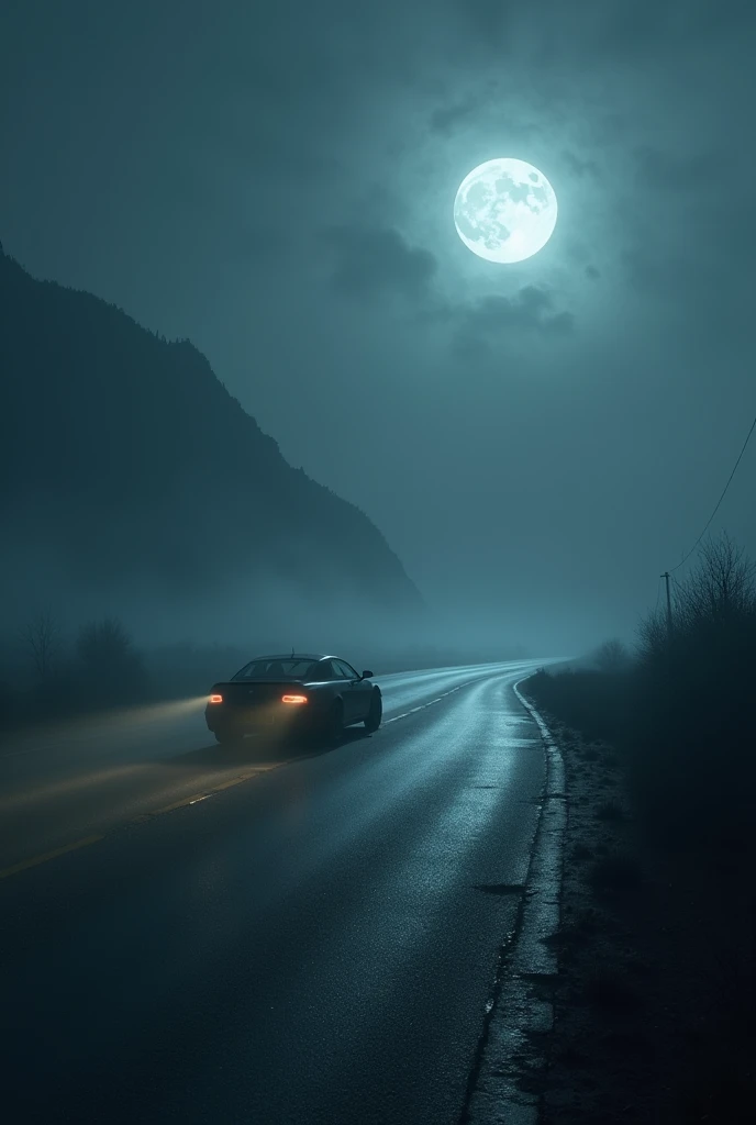 "A lone car on a deserted, moonlit road, with a hint of mist rising from the ground."