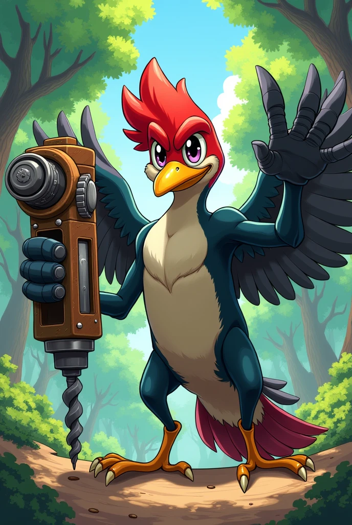 A shonen anime style woodpecker with a drill in his hands