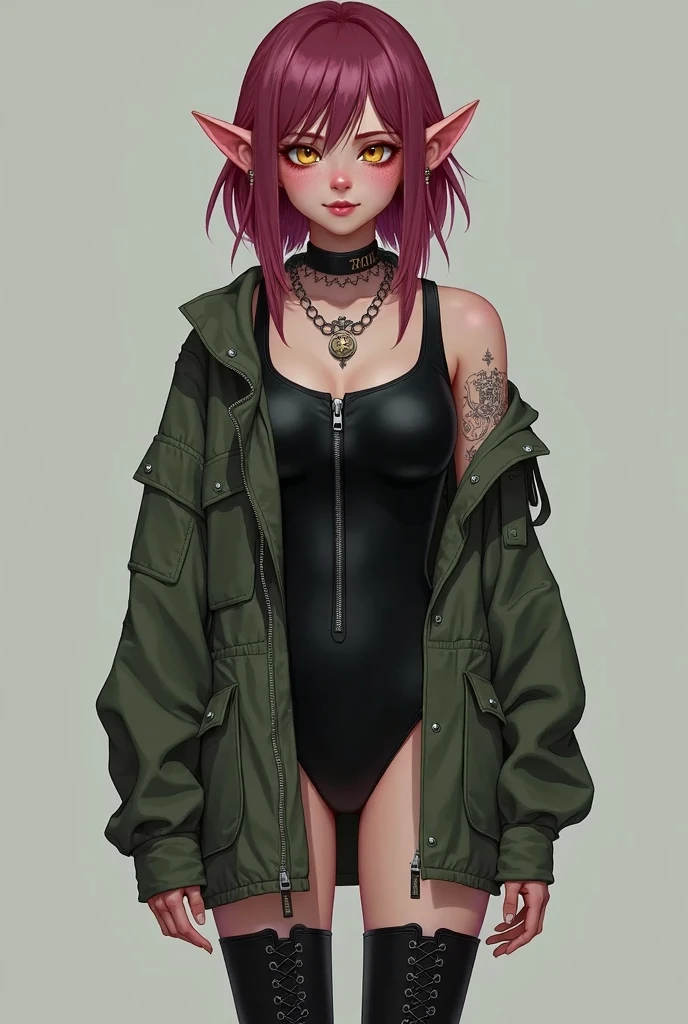 A girl with dark pink/ maroon hair, yellow eyes, fair skin, she is wearing a black body suit with a zipper in the front but an oversized army jacket over top, she also has black combat boots on. She also has natura pointy elf ears. She has a pleasant expression on her face. She is happy and calm. Her hair is very long.