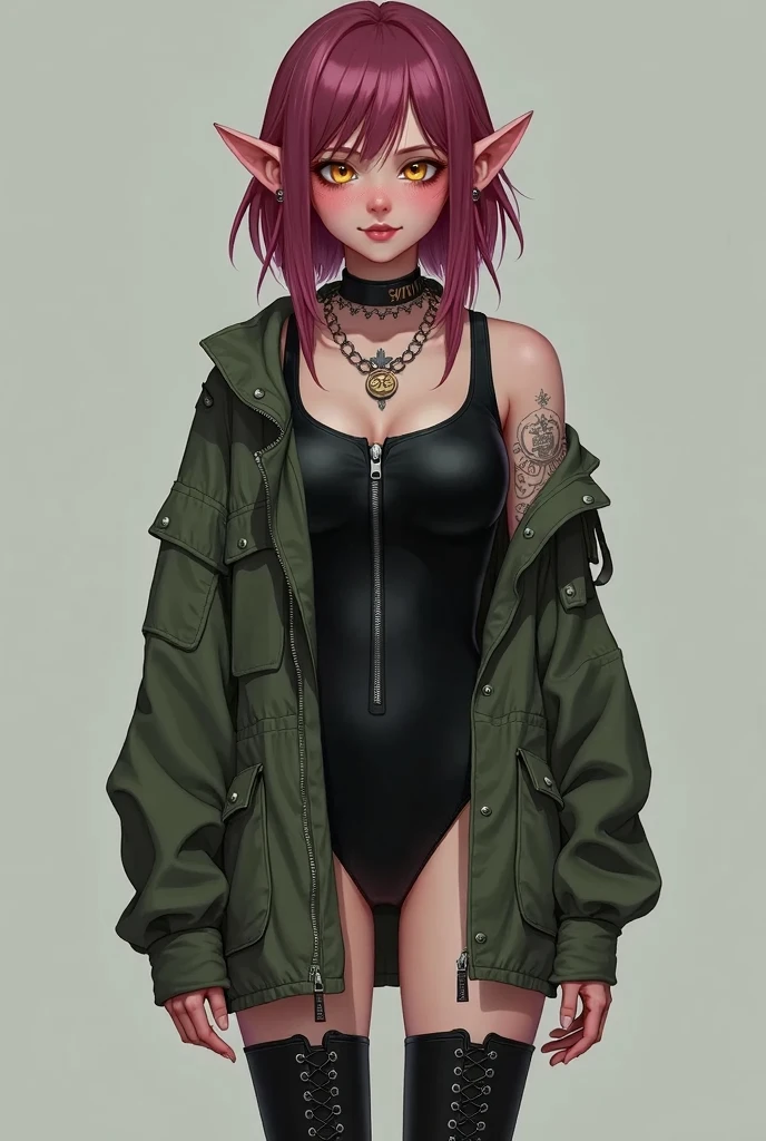 A girl with dark pink/ maroon hair, yellow eyes, fair skin, she is wearing a black body suit with a zipper in the front but an oversized army jacket over top, she also has black combat boots on. She also has natura pointy elf ears. She has a pleasant expression on her face. She is happy and calm. Her hair is very long.