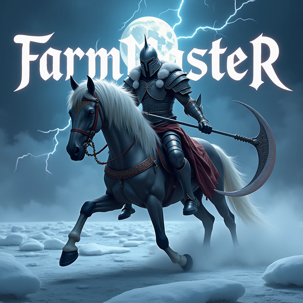 A realistic and ultra-detailed photograph of a male warrior, wearing magnificent silver and cloth armor and an intimidating helmet. Determinedly grabbing a scythe-like weapon, he charges across the ice with his horse, while vibrant lightning illuminates the entire photo, enhancing his fierce pose. The name “FarmMasteR” is displayed prominently in gothic letters behind him, illuminated by the glow of the moon.