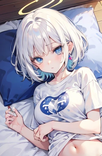Anime, girl, age, short hair, white hair, plae blue eyes, cool, earrings, wearing a white over size t-shirt and panties, cute, angel wings and halo ring, medium boobs, laying on the bed, cigarette packs,
