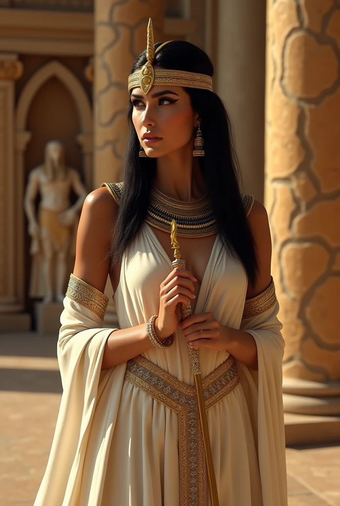 (Photorealism:1.2), beautiful woman, Cleopatra ,A beautiful ancient woman of Mediterranean descent ,Bidenical skin ,Sharp, clear eyes ,Long, slender nose ,The face shape is oval. ,
beautiful,charm,Alluring, Fascinating, an influential female symbol , Power in the Ancient World ,Wear ancient Egyptian makeup, such as bold black eyeliner. , Wearing a shiny black wig, cut straight and shoulder-length, decorated with a golden headband or crown adorned with a snake as a symbol, with luxurious gold earrings and a necklace.,The costume worn is a long white or cream colored dress in the style of ancient Egyptian. , Has a waistband adorned with gems ,
The fabric used has intricate patterns and looks luxurious.,
Standing in a graceful pose, Holding the scepter, a symbol of queenship ,
The backdrop is the interior of an Egyptian palace. , There are large pillars with ancient patterns. , Thick curtains , Decorated with statues , Art to Egyptian Culture