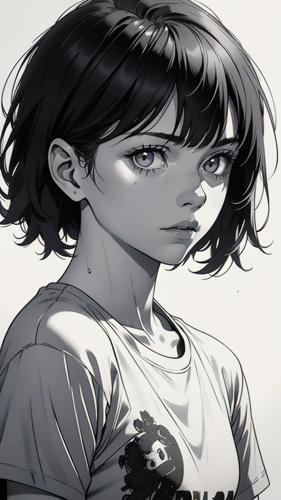 1 boyish girl, solo, sharp eyes, monochrome, greyscale, short black hair, portrait, white T-shirt, closed mouth, looking at viewer, graphite \(medium\), detailed lips, hatching \(texture\), without makeup, bangs, upper body, (best illustration), (best quality), (very detailed), (masterpiece), expressionless,