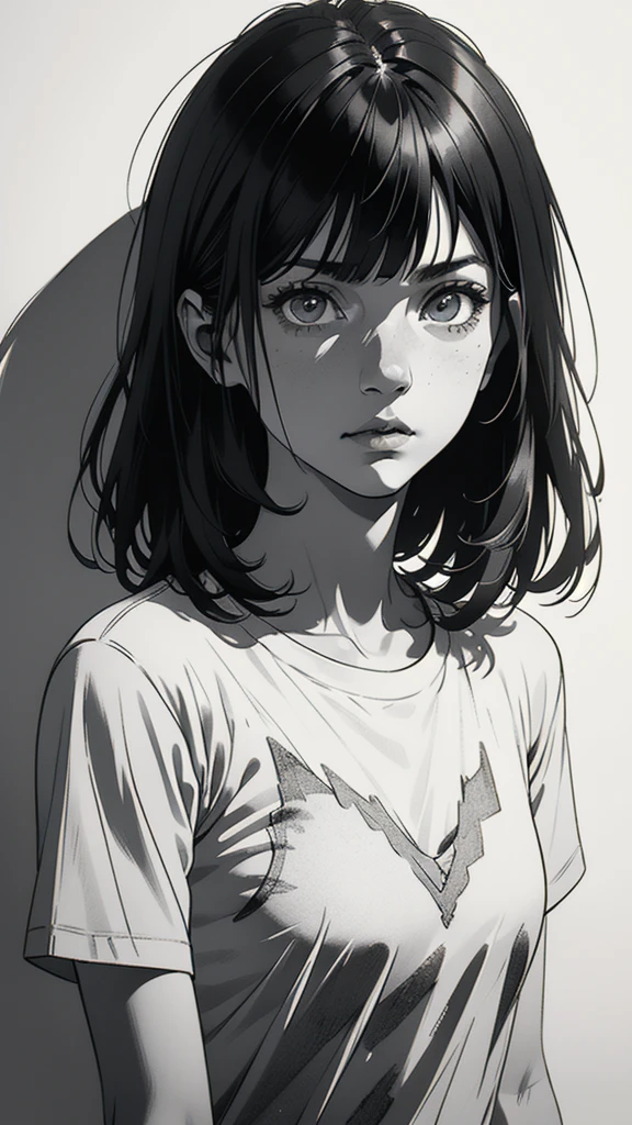 1 boyish girl, solo, sharp eyes, monochrome, greyscale, short black hair, portrait, white T-shirt, closed mouth, looking at viewer, graphite \(medium\), detailed lips, hatching \(texture\), without makeup, bangs, upper body, (best illustration), (best quality), (very detailed), (masterpiece), expressionless,