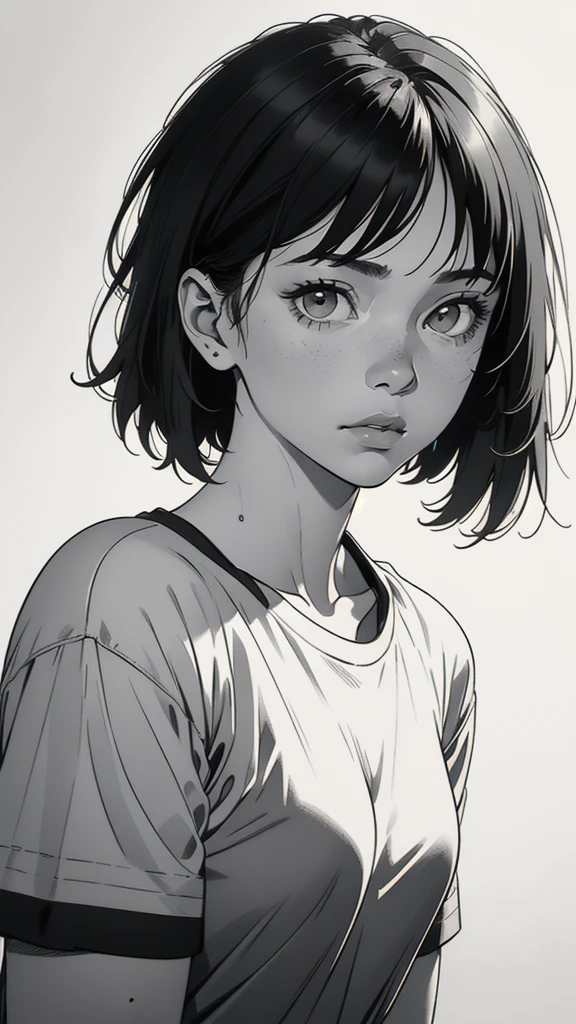 1 boyish girl, solo, sharp eyes, monochrome, greyscale, short black hair, portrait, white T-shirt, closed mouth, looking at viewer, graphite \(medium\), detailed lips, hatching \(texture\), without makeup, bangs, upper body, (best illustration), (best quality), (very detailed), (masterpiece), expressionless,