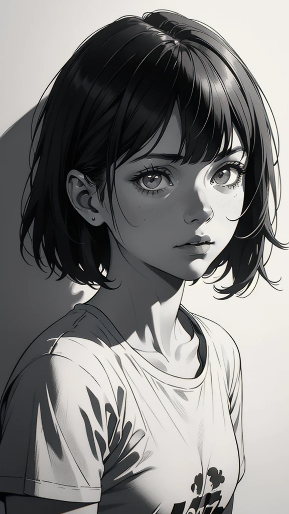 1 boyish girl, solo, sharp eyes, monochrome, greyscale, short black hair, portrait, white T-shirt, closed mouth, looking at viewer, graphite \(medium\), detailed lips, hatching \(texture\), without makeup, bangs, upper body, (best illustration), (best quality), (very detailed), (masterpiece), expressionless,