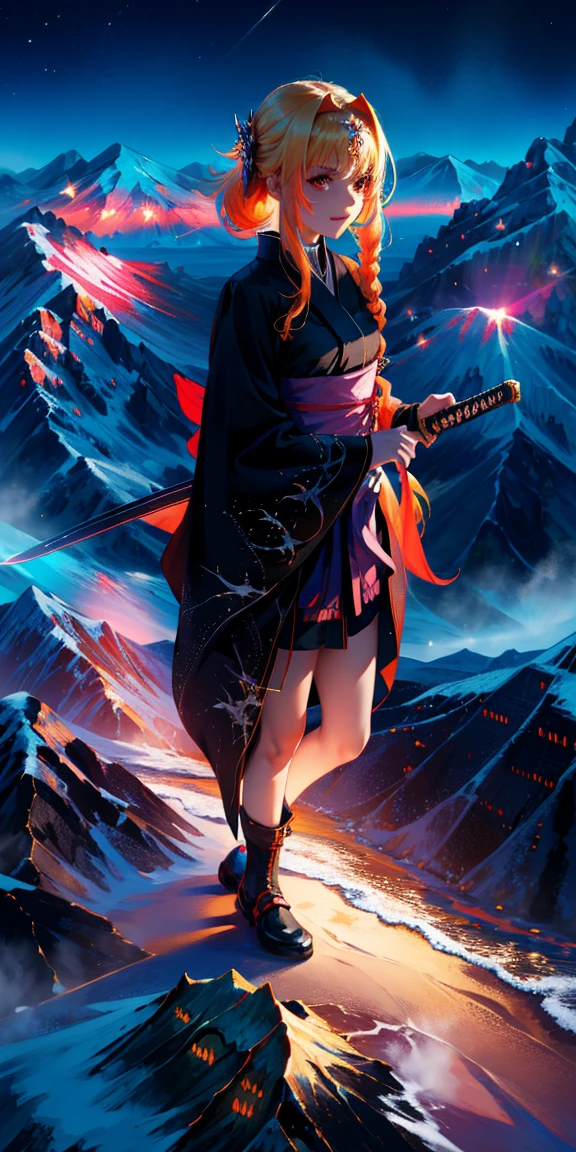 alice zuberg, flauschige, uhd, 4k, textured skin, good quality, High details, masterpiece, best quality, (Amazingly absurd:1.2), (masterpiece:1.2), 1Girl, battoujutsu , evil laugh, not looking at viewer, Kimono, standing, looking in the distance, evil smirking, glowing red eyes, very long hair, shiny hair , fullbody, two colored hair, hairbow, glowing dress, black knee socks, Kawaiitech, soft colours, Kawaii, Beautiful colors, studio lighting, (Mountaintop:2), (Night:2),