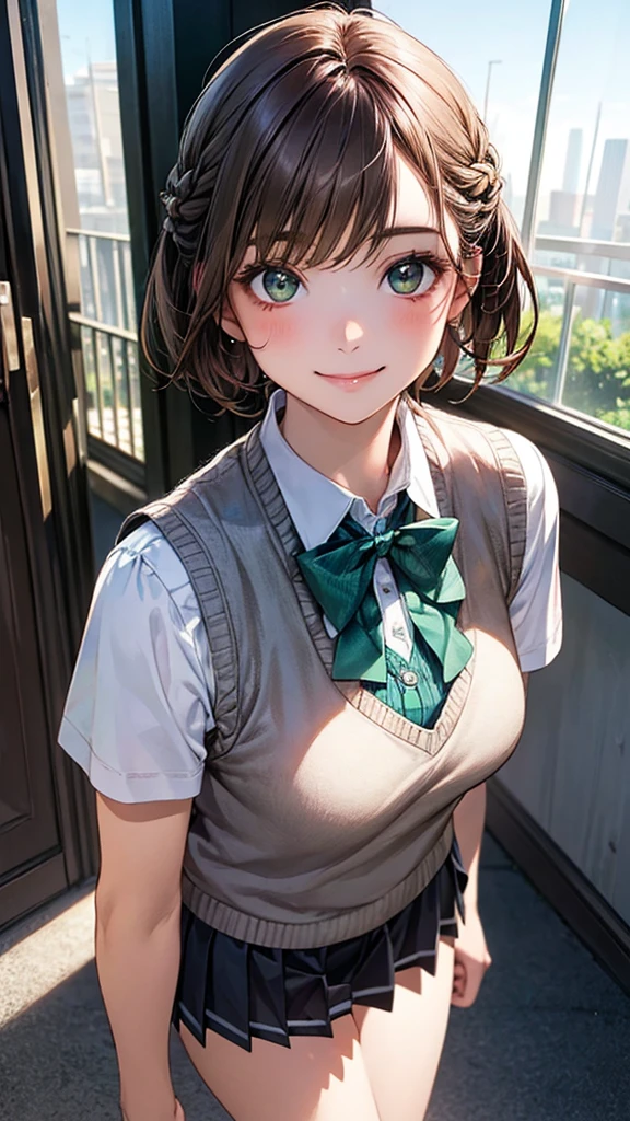 (masterpiece:1.2, Highest quality), (Realistic, photoRealistic:1.4), Beautiful illustrations, (Natural Side Lighting, Cinema Lighting),
View your viewers, Upper Body, 1 girl, Japanese, high school girl, , Perfect Face, Cute and symmetrical face, Glowing Skin,
(short hair, Braiding, Light brown hair), bangs, Emerald Green Eyes, Big eyes, Long eyelashes, (Medium chest),
Beautiful Hair, Beautiful Face, Beautiful attention to detail, Beautiful clavicle, Beautiful body, Beautiful breasts, Beautiful thighs, Beautiful feet, Beautiful fingers,
((White collared shirt, Light blue bow tie, Dark grey pleated mini skirt, Yellow knitted vest)),
(Beautiful views), evening, (School corridor), walk, ((Grab your chest)), (In the heat, Excited, Captivating smile),