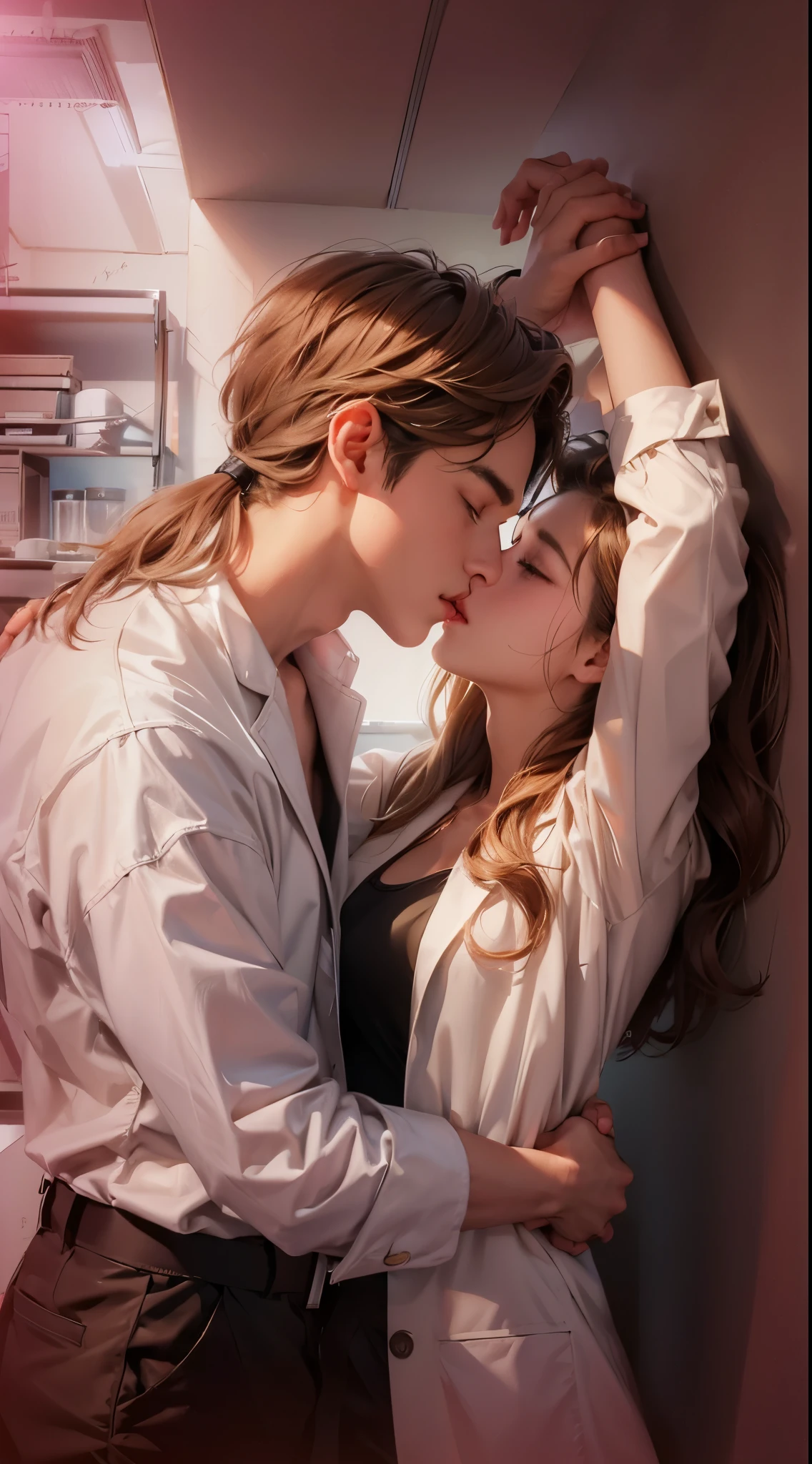 Upper Body,laboratory,Atmosphere感,Atmosphere,Tense atmosphere,背景是laboratory,Equipment,Wall,indoor,Glass,Experimental vessels,(一个帅气的金发欧美男子kiss一个20岁的欧美女模特)kiss,Holding Hands,Arms raised,Hands propped up on the wall,Golden brown hair,Ponytail,A boy,A girl,Boys wearing white shirts,Black suit pants,Girl wearing white coat,Black dress,(,muscular,Caucasian ethnicity,Atmosphere,High Detail,Standing,
