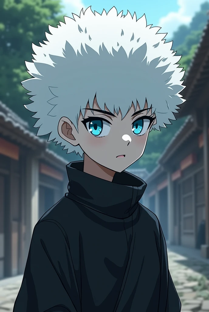 anime character, White hair, afro hair, pale skin, bright blue eyes, Long eyelashes, male, tall, big glossy lips, , grey eyebrows, , black baggy outfit, muscular, village,