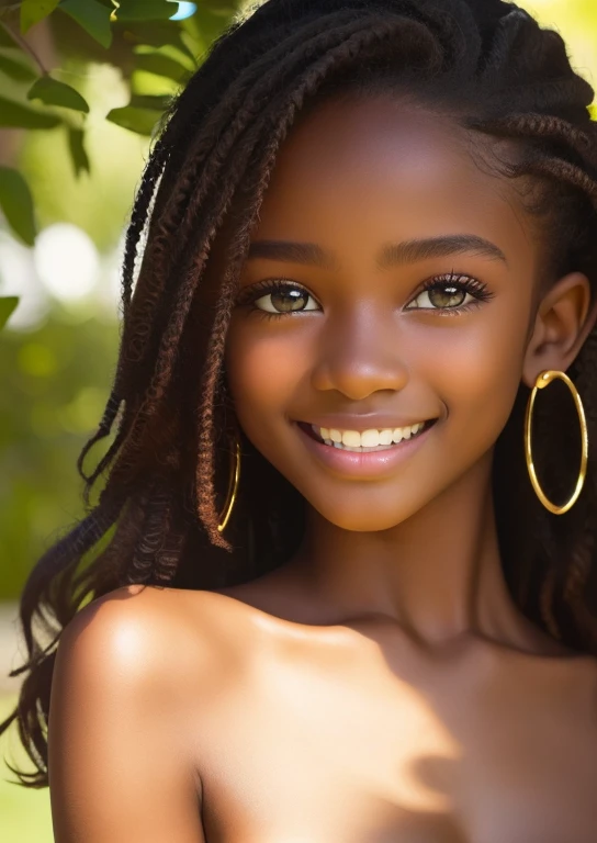 (portrait, editorial photograph) (beautiful black girl), adorable face, long brown curly hair, hazel eyes, by lee jeffries, nikon d850, film stock photograph ,4 kodak portra 400 ,camera f1.6 lens ,rich colors ,hyper realistic ,lifelike texture, dramatic lighting, (highly detailed face:1.4), perfect eyes, realistic iris, perfect teeth, (smile:0.7), (background dark, shadow of the leaves, moody, cleavage), sun rising, early morning light, Wishing for something, masterpiece, best quality, photorealistic, Citizen of Guinea-Bissau, very cute super model, perfect anatomy, skinny, ((1 girl)), (colorful reflections in the eye), (nudist), (smiling, white teeth), small nipples