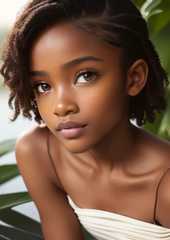 (portrait, editorial photograph) (beautiful black girl), adorable face, long brown curly hair, hazel eyes, by lee jeffries, nikon d850, film stock photograph ,4 kodak portra 400 ,camera f1.6 lens ,rich colors ,hyper realistic ,lifelike texture, dramatic lighting, (highly detailed face:1.4), perfect eyes, realistic iris, perfect teeth, (smile:0.7), (background dark, shadow of the leaves, moody, cleavage), sun rising, early morning light, Wishing for something, masterpiece, best quality, photorealistic, Citizen of Guinea-Bissau, very cute super model, perfect anatomy, skinny, ((1 girl)), (colorful reflections in the eye), (nudist), (smiling, white teeth), small nipples