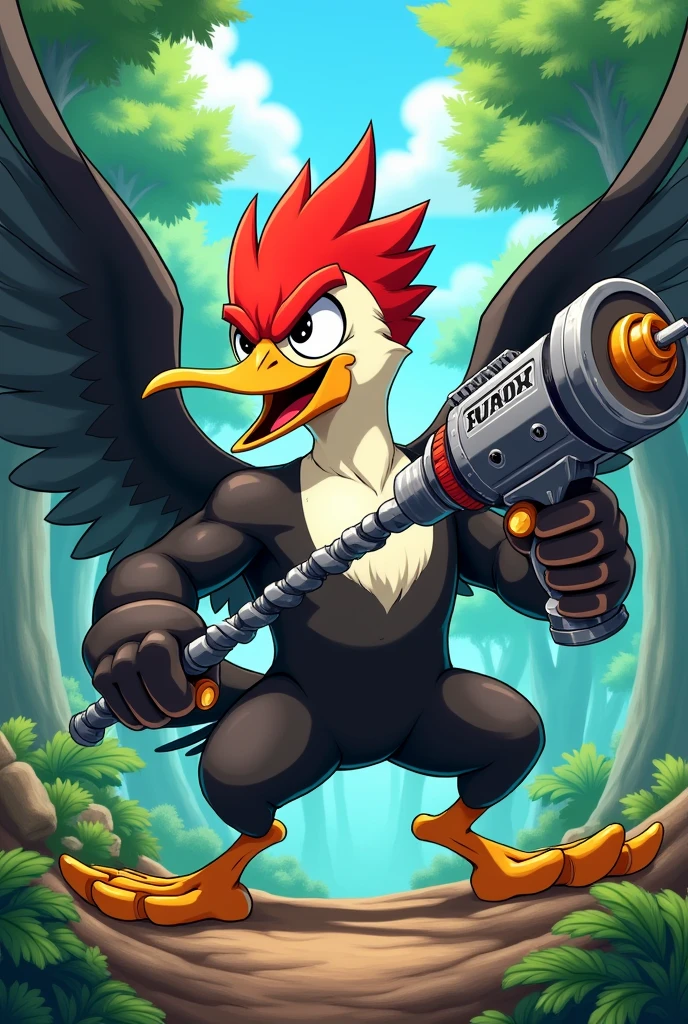 A shonen anime style woodpecker with a drill in his hands 