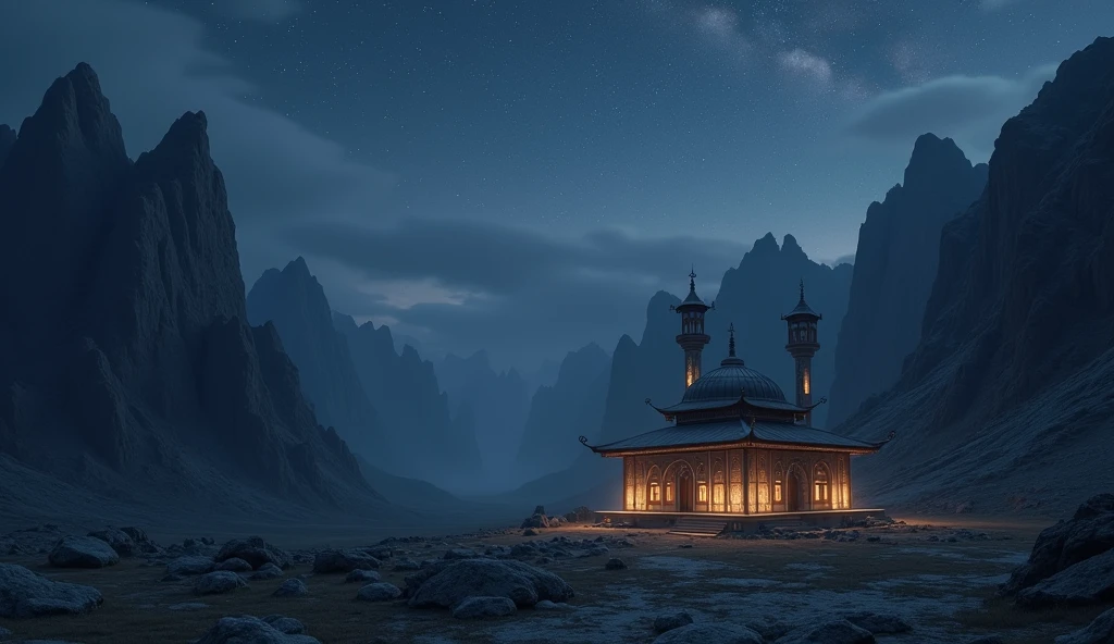 A tiny Mongolian mosque in a rocky hill valley at night