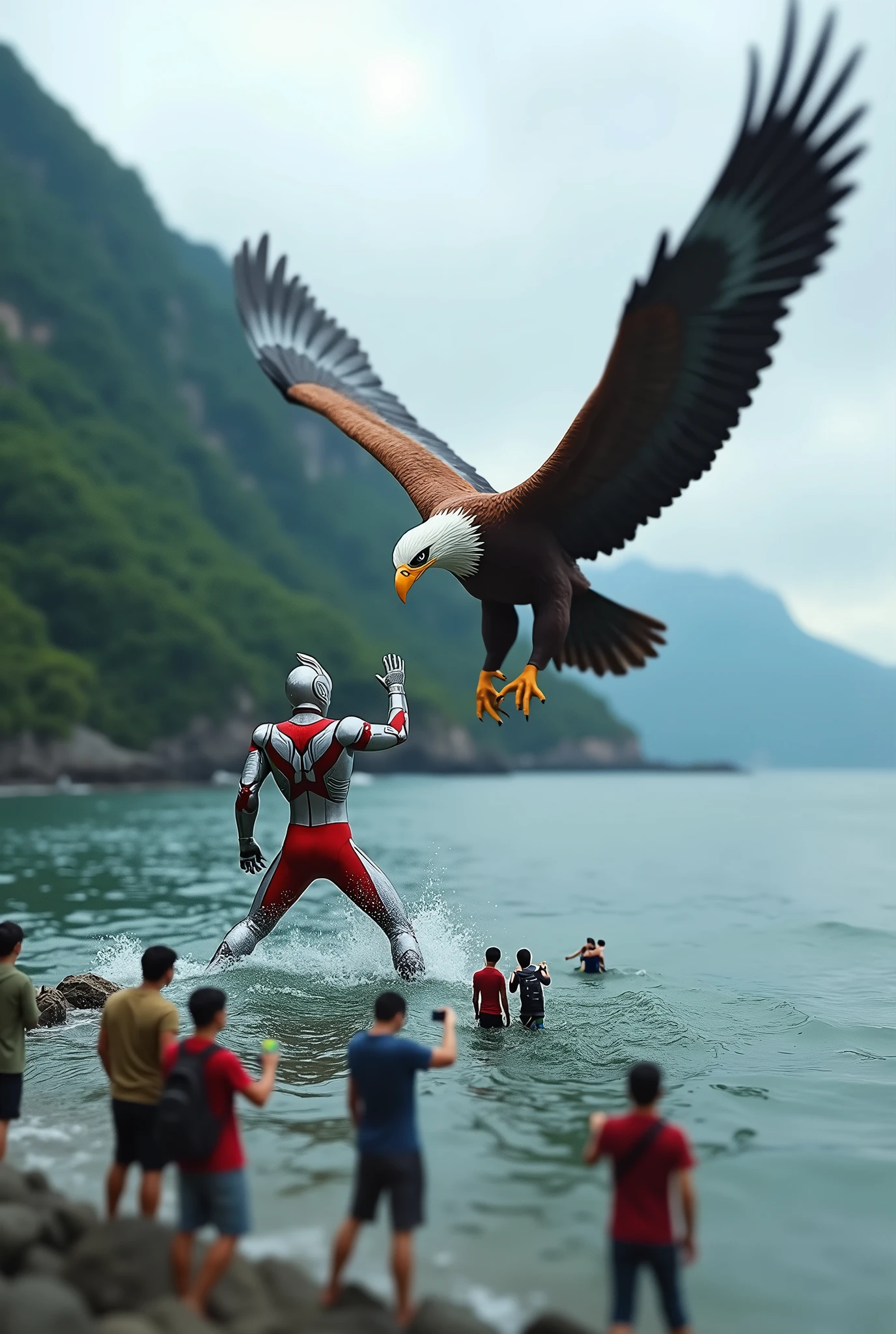 Ultraman fight with big giant eagle. On the water. At the island back view. Tilt shift photography. All mini human snap picture.