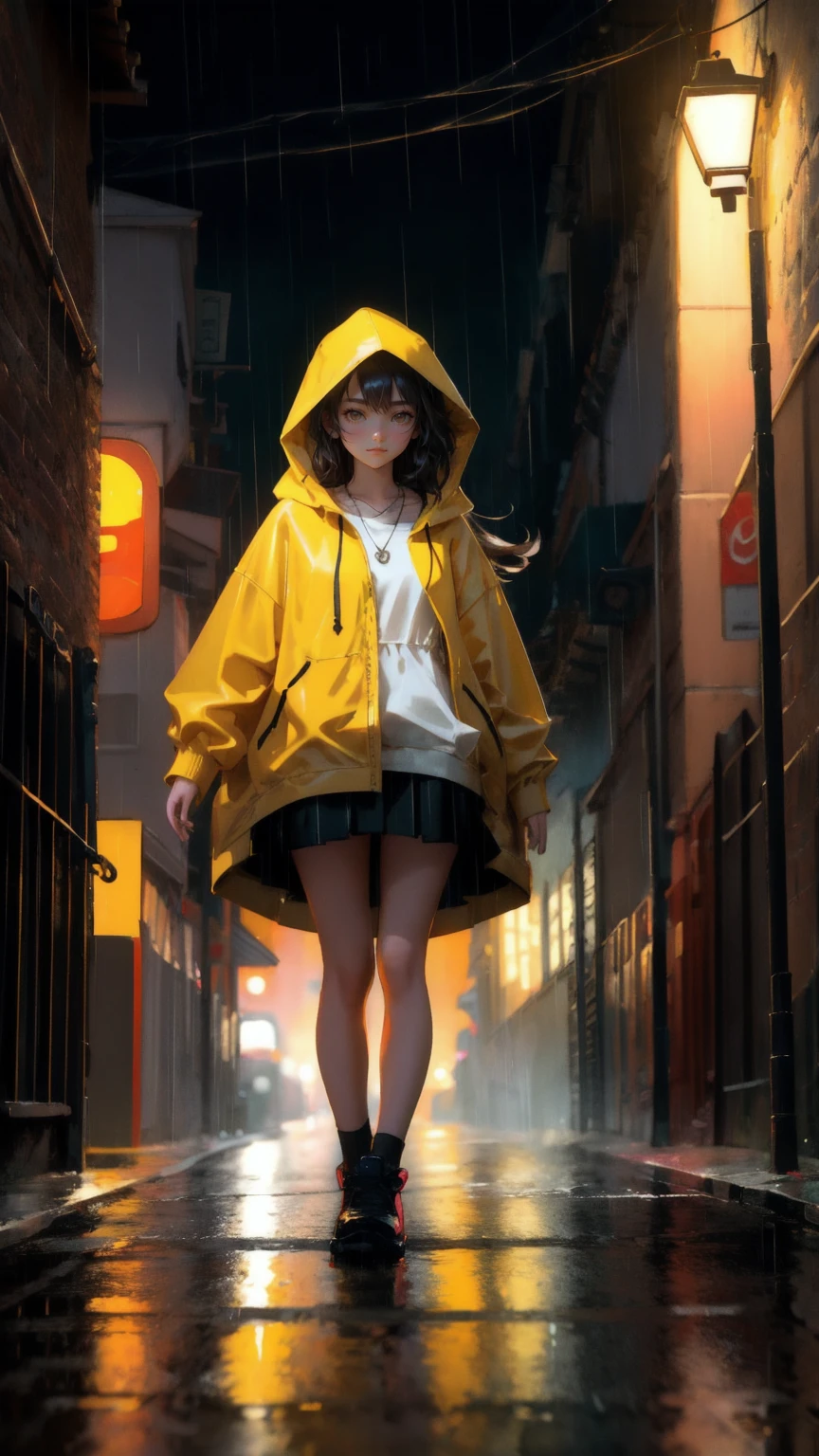 A beautiful cute girl dressed in a yellow hooded raincoat, carrying a wooden crate labeled 'HODL.' The girl is running through a dark, rain-soaked alley with a determined expression, wearing a backpack and a pendant around her neck. The scene is gritty and atmospheric, with reflections of streetlights in puddles and the damp textures of old brick walls in the background, inspired by street art style with a sense of urgency and adventure.