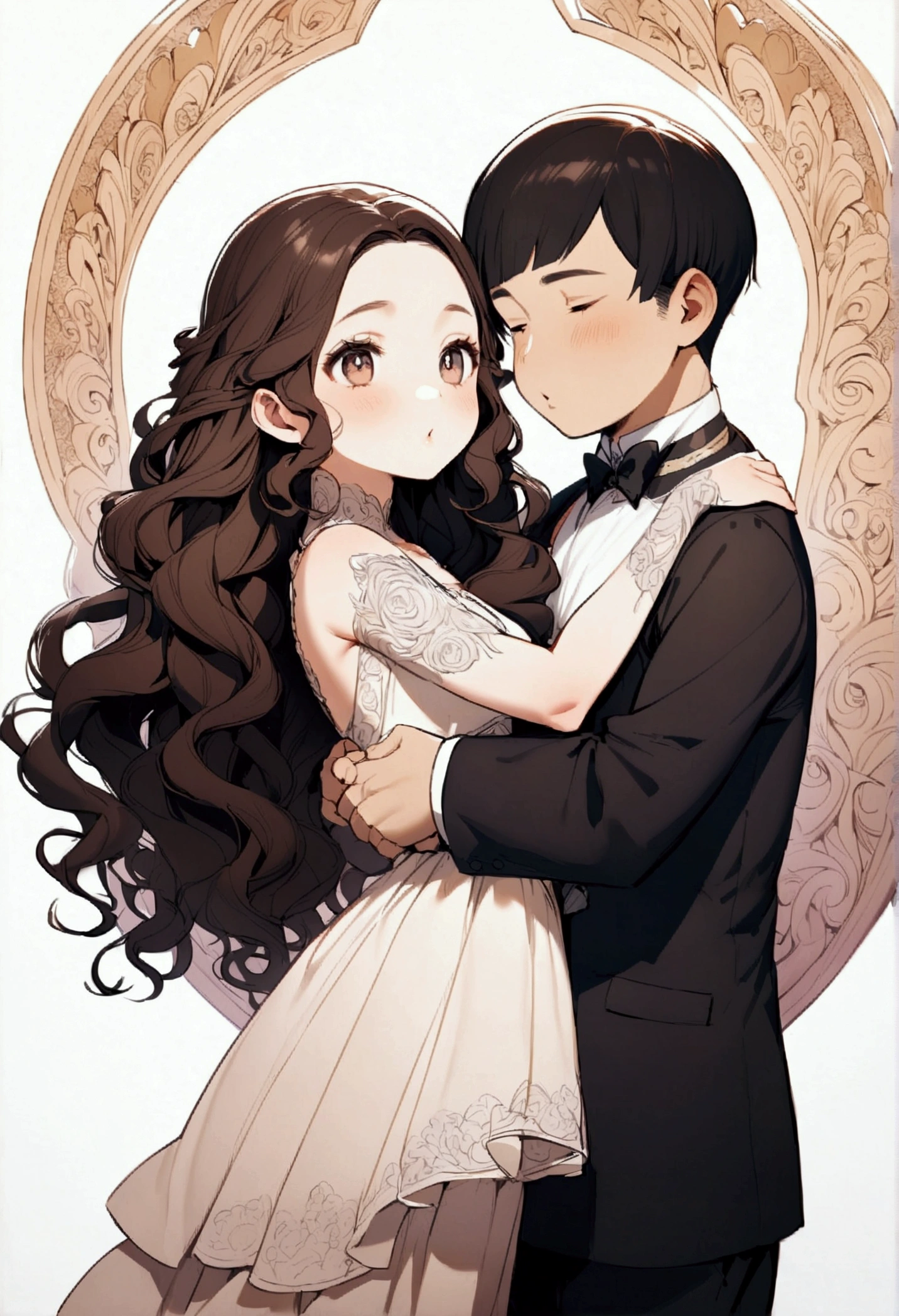 A chubby boy with wavy hair hugging a slim girl with straight-wavy hair and bangs