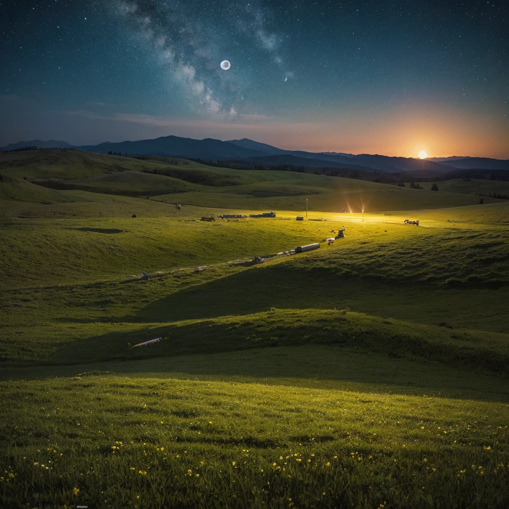 [((Masterpiece)), ((Highest quality)), An illustration, One robot is standing in the meadow at night when the moon is out、The steppe is devastated by the war and there is the rubble of tanks]
