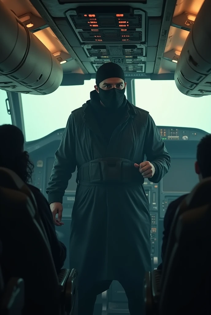 A terrorist goes into the pilot cabin and is saying something through the mic and he is wearing a mask on his face. Call him a Pakistani terrorist.