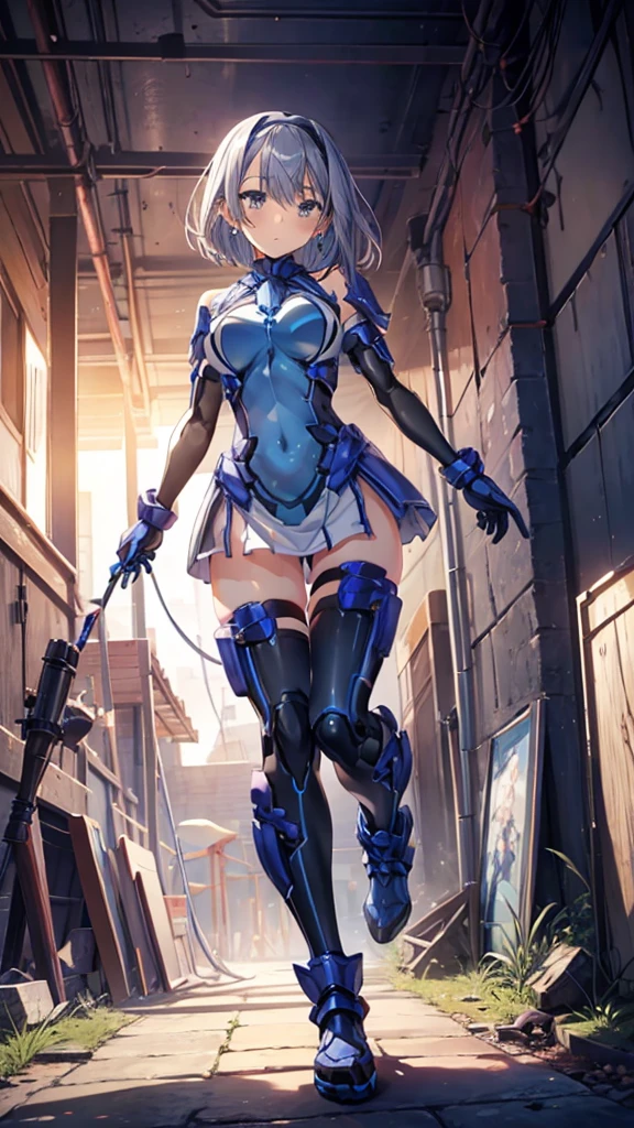 ((full body)), Girls in Anime, Blue and grey metal armor, Blue hand and thigh accessories, Short dark blue-gray hair, hair accessory, Grey Eyes, Silver earrings, nose, Curious, Healthy Skin, Very dirty, head, shoulder, Small box, arms, Have a map, Narrow waist, feet, Medium thighs, Has black robotic legs, cute, Bright colors on the shirt, Futuristic marble white palace, Shining light in the sky, Stand next to a wall, Cinematic Light, High resolution, Highest quality, Super detailed, Detailed face, (Detailed eyes), Highest quality, Super detailed, masterpiece, (Detailed face), Beautiful face, feetを見せて, short hair