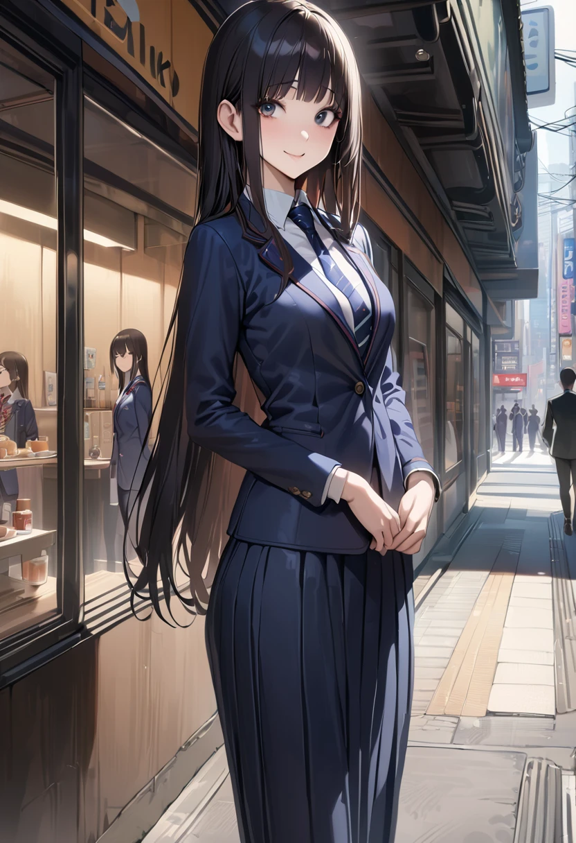 ((masterpiece,best quality anime,Highest quality:1.3)),realistic,cowboy shot,1woman,(30 year old beauty),((very small head:1.4)),((very long body:1.4)),straight long hair,black hair,(gorgeous big eyes),black eyes,smile,((slender body:1.4,skinny:1.3)),medium breasts,(School uniform、Dark blue blazer jacket、Navy blue tie、White shirt,pleated navy mini skirt),gleaming skin,shiny skin,standing,on street、Shinjuku、Tokyo、