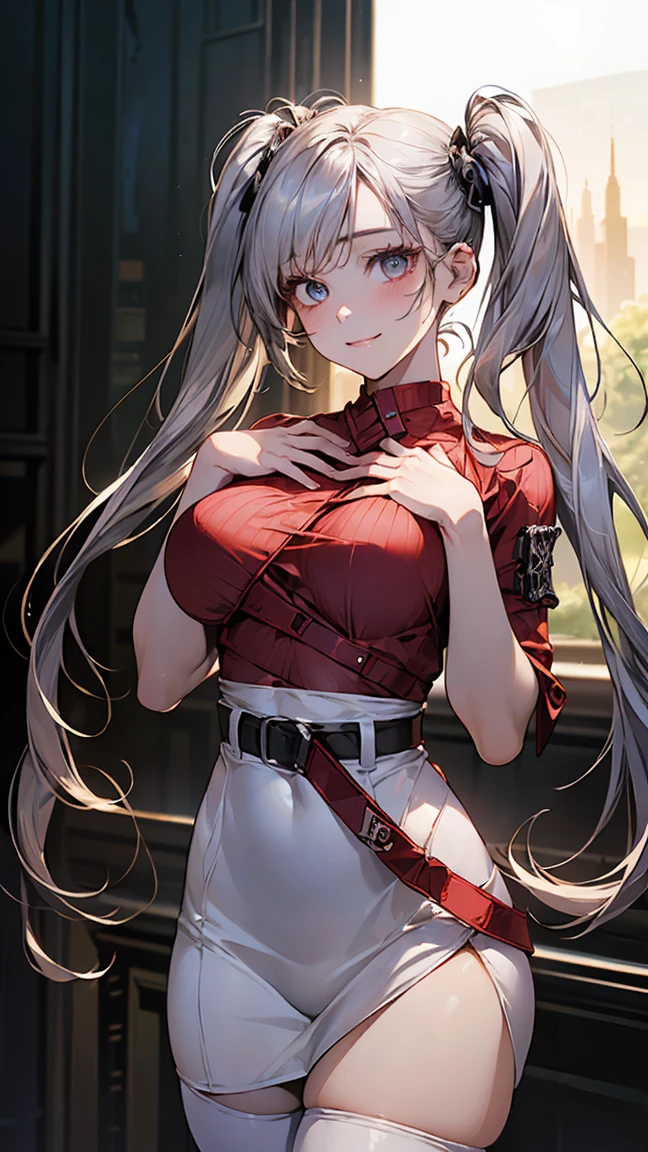 (masterpiece:1.2, highest quality), (Realistic, photoRealistic:1.4), Beautiful illustrations, (Natural Side Lighting, Cinema Lighting),Say OK to your audience, Upper Body, (Front view), 1 girl, Perfect Face, Symmetrical cute face, Shiny skin, Baby Face, Long eyelashes, (large Breasts:1.2), (Wide Hips:1.2),Beautiful Hair, Beautiful Face, Beautiful and beautiful eyes, Beautiful body, Beautiful breasts, beautiful Thighs, Beautiful legs, Beautiful fingers,(Beautiful views:1.2),(Cute Smile:1.2, Superior),Silver Hair, (Light clothing),(Very long twin tails:1.5), (White mini dress), High neck, (sleeveless),( White Body Conscious:1.5), (Red tights:1.5), Thighs, Jacket,(Punk Style:1.5),(Belted clothing:1.5),(Wrap a belt around your chest:1.5)