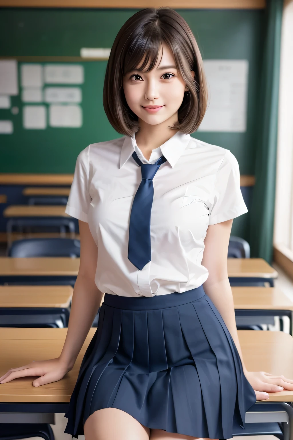 Highest quality, Soft Light, Beautiful gradation, Ultra-high resolution, (Realistic:1.4), RAW Photos, whole body, Knee Shot, Of Japanese, alone, cute, (pupil, Light in your eyes), Beautiful face in every detail, (Beautiful straight bob hair all the way to the ends:1.3), Natural skin texture, Middle chest, Schoolgirl Uniform、White shirt, tie, Dark navy pleated skirt, Showing off your breasts, In a high school classroom, Looking at the audience, smile