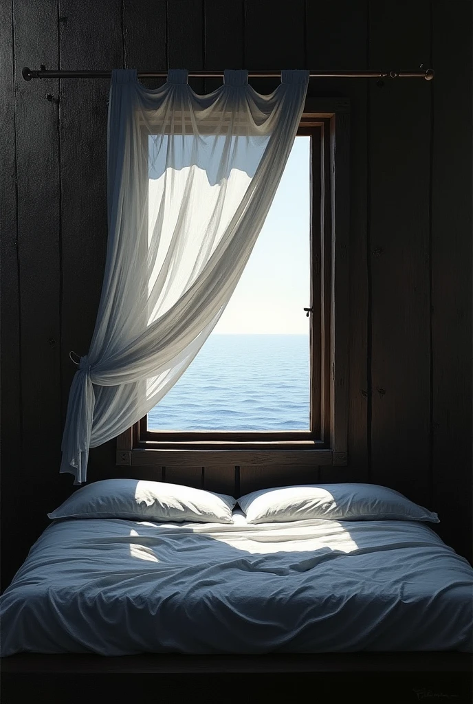 Abstract geometric minimalist vivid impasto thick oil paint in black and white, painting of shadows in a room, 19th century Dutch East Indies Indonesia village wooden hut bedroom open  Mediterranean window background scene Bali sea, white gauze curtain, strong wind, big bed, shadows daybreak twilight, very dark, dramatic, Rembrandt lighting, serene calm