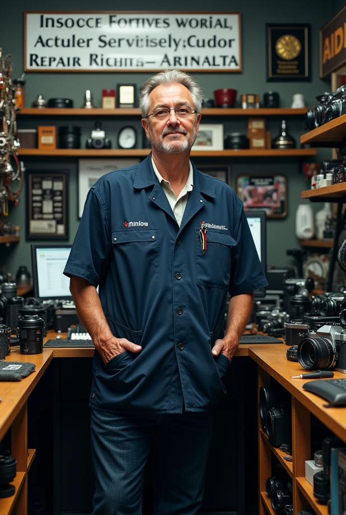 a master minolta technician whose message is Nea petrica mesterica repairs everything