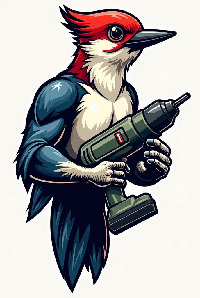A sports logo style woodpecker with a drill in his hands 