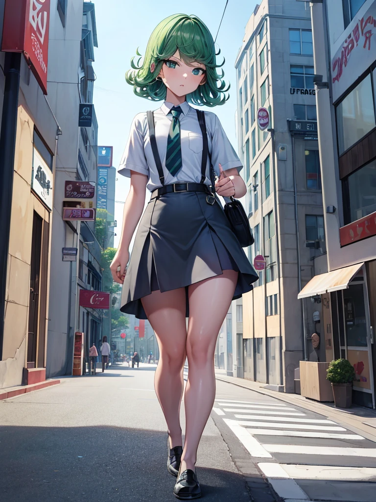 (high res, 8K, masterpiece, looking at viewer, best quality, very aesthetic, ultra detailed, ultra background, ultra Eyes) intricate details, 1girl, Tatsumaki, Chibi, short sleeved white shirt, Light Blue Gray short skirt, Pockets on the left chest, Light Blue Gray tie, Wearing a belt, Black Sling bag, green short hair, green eyes, Walking on the side of the road, drinking bubble milk tea, normal face, Background City, Store, Cinematic Angle