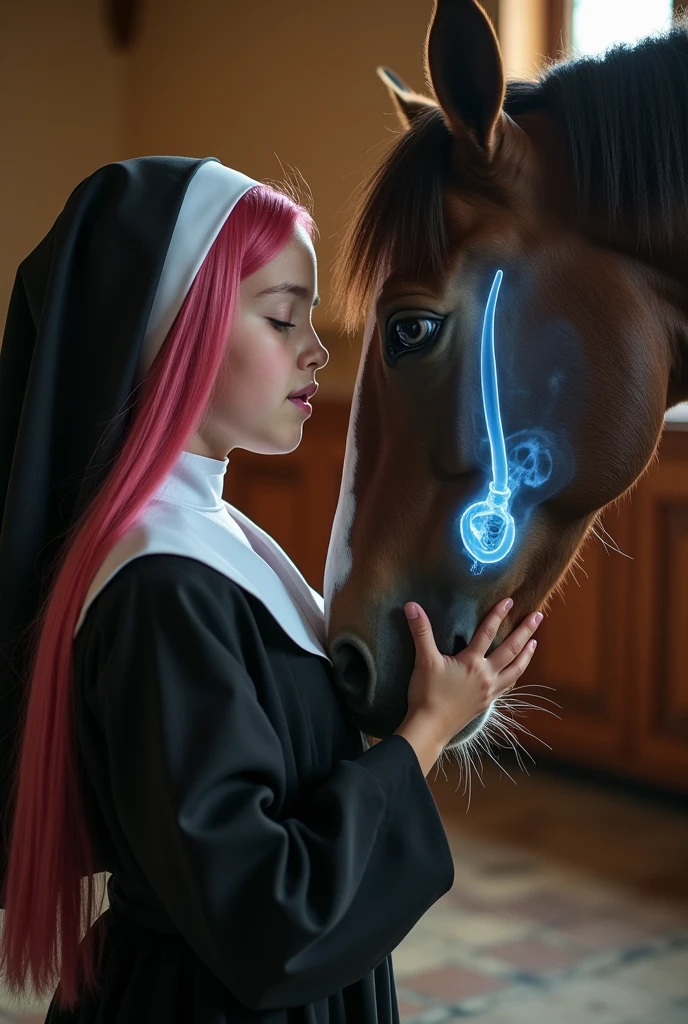 Perfect young girl, 10 y/o, long pink hair, wearing a nun's habit, in doggy style position under a horse, having zoophilic sex with a horse, huge horse penis inside vagina, enjoying, semen dripping from vagina and mouth, on a church altar, side view, floating view of x ray showing penis deep inside uterus