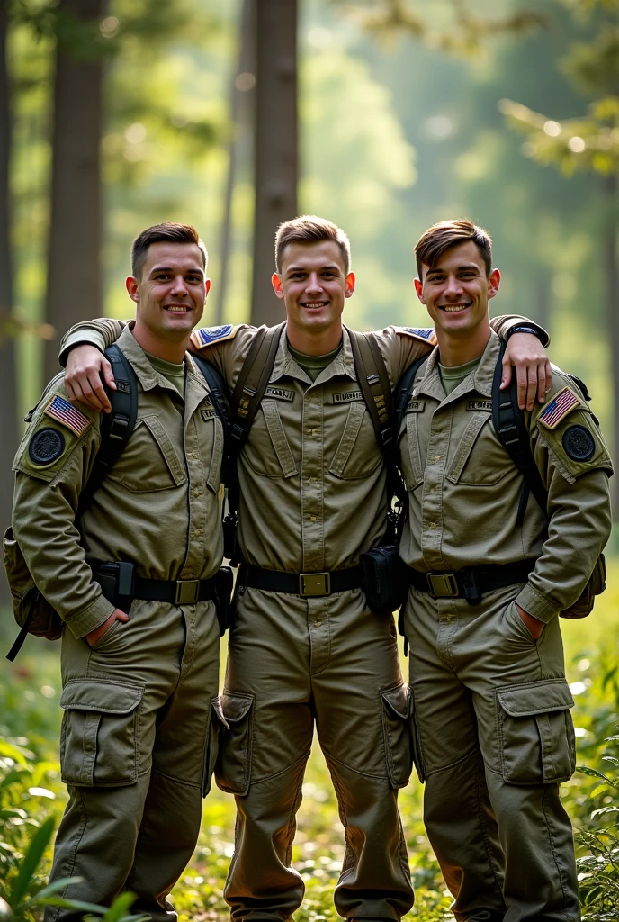 A US army guy without any gears and weapon selfie with 2 friends Forest clothes army camo