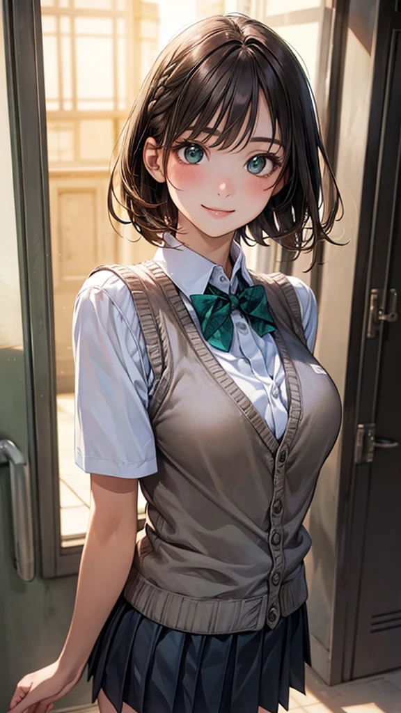 (masterpiece:1.2, Highest quality), (Realistic, photoRealistic:1.4), Beautiful illustrations, (Natural Side Lighting, Cinema Lighting),
View your viewers, Upper Body, 1 girl, Japanese, high school girl, , Perfect Face, Cute and symmetrical face, Glowing Skin,
(short hair, Braiding, Light brown hair), bangs, Emerald Green Eyes, Big eyes, Long eyelashes, (Medium chest),
Beautiful Hair, Beautiful Face, Beautiful attention to detail, Beautiful clavicle, Beautiful body, Beautiful breasts, Beautiful thighs, Beautiful feet, Beautiful fingers,
((White collared shirt, Light blue bow tie, Dark grey pleated mini skirt, Yellow knitted vest)),
(Beautiful views), evening, (School corridor), walk, ((Grab your chest)), (In the heat, Excited, Captivating smile),