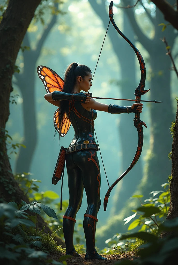 A female warrior with a bow and butterfly-like plug suit、Detailed skin、Actual item、in the forest、Ancient Technology、