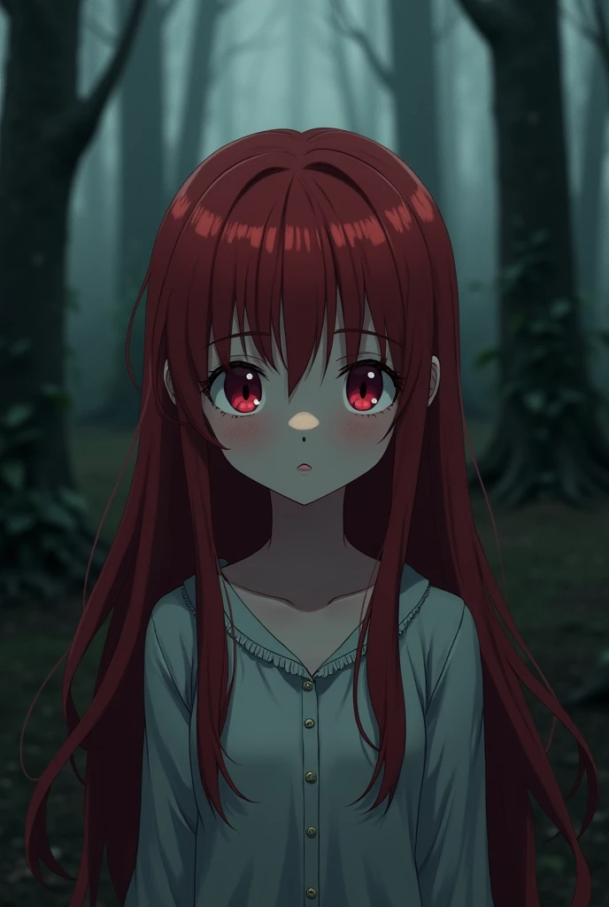 [[Clannad style]], [[a cute girl with long hair with red bangs]], [[red eyes]], [[gloomy, dark forest background]], [[poor natural lighting]], [[great quality]],[[masterpiece]], [[best artist]], [[best performance]], [[16k quality]], [[HDR+]]