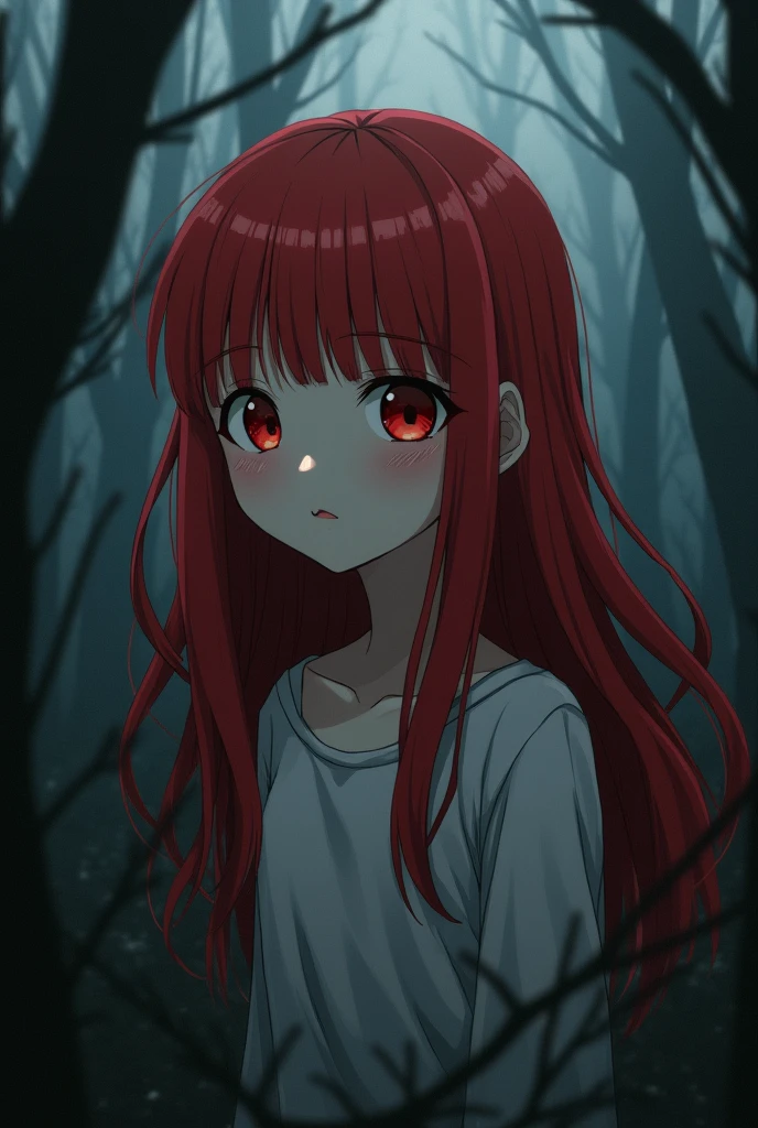 [[Clannad style]], [[a cute girl with long hair with red bangs]], [[red eyes]], [[gloomy, dark forest background]], [[poor natural lighting]], [[great quality]],[[masterpiece]], [[best artist]], [[best performance]], [[16k quality]], [[HDR+]]