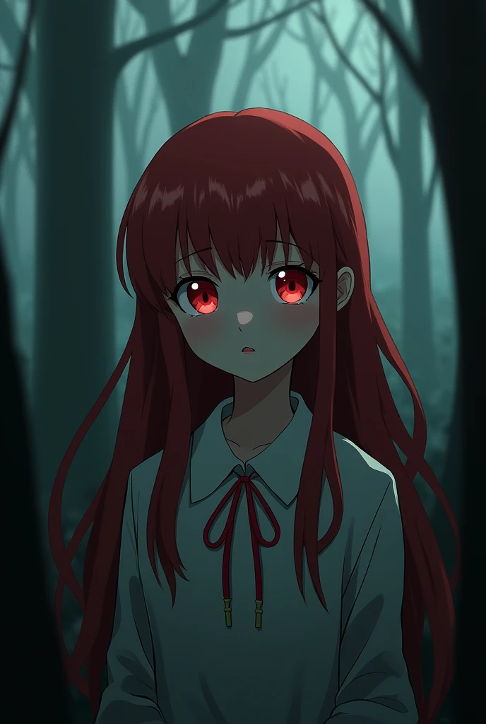 [[Clannad style]], [[a cute girl with long hair with red bangs]], [[red eyes]], [[gloomy, dark forest background]], [[poor natural lighting]], [[great quality]],[[masterpiece]], [[best artist]], [[best performance]], [[16k quality]], [[HDR+]]