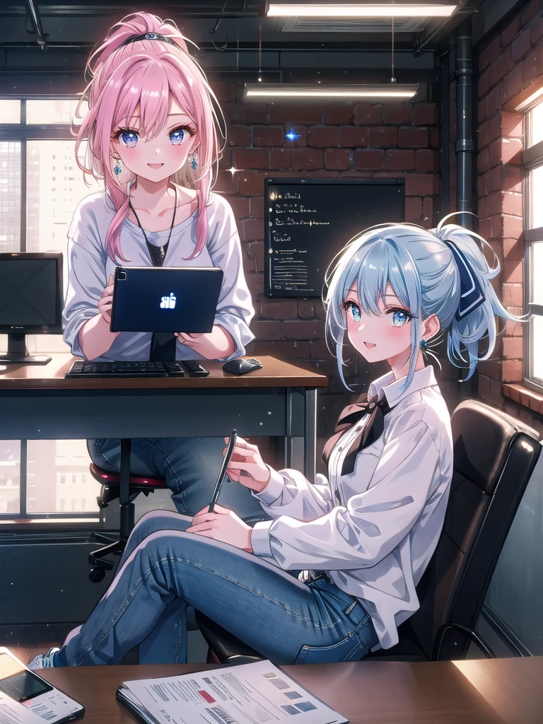 ((8k, Highest quality, masterpiece: 1.3)),Ultra-high resolution,(1 girl, alone), (Color changing eyes, Ultra-detailed, Expressive brilliance, Glitter, Glowing Eyes), Highly detailed eyes, Highly detailed face, Random Hair, ((pastel colour)) The woman is seated at her desk in a modern, open-plan office with large windows overlooking a busy street. The office has an industrial design, with exposed brick walls, metal accents, and contemporary furniture. Her desk is equipped with a laptop, a stack of papers, a phone, and a reusable coffee cup. There’s a whiteboard behind her with project timelines and a few motivational quotes. The office is filled with the sound of soft chatter and the clicking of keyboards. She’s dressed in a white blouse with rolled-up sleeves, paired with dark blue jeans and comfortable sneakers. Her hair is tied back in a casual ponytail, and she’s wearing simple stud earrings. She glances at the camera with a cheerful and slightly mischievous smile, as if she’s just shared a light-hearted moment with a colleague.