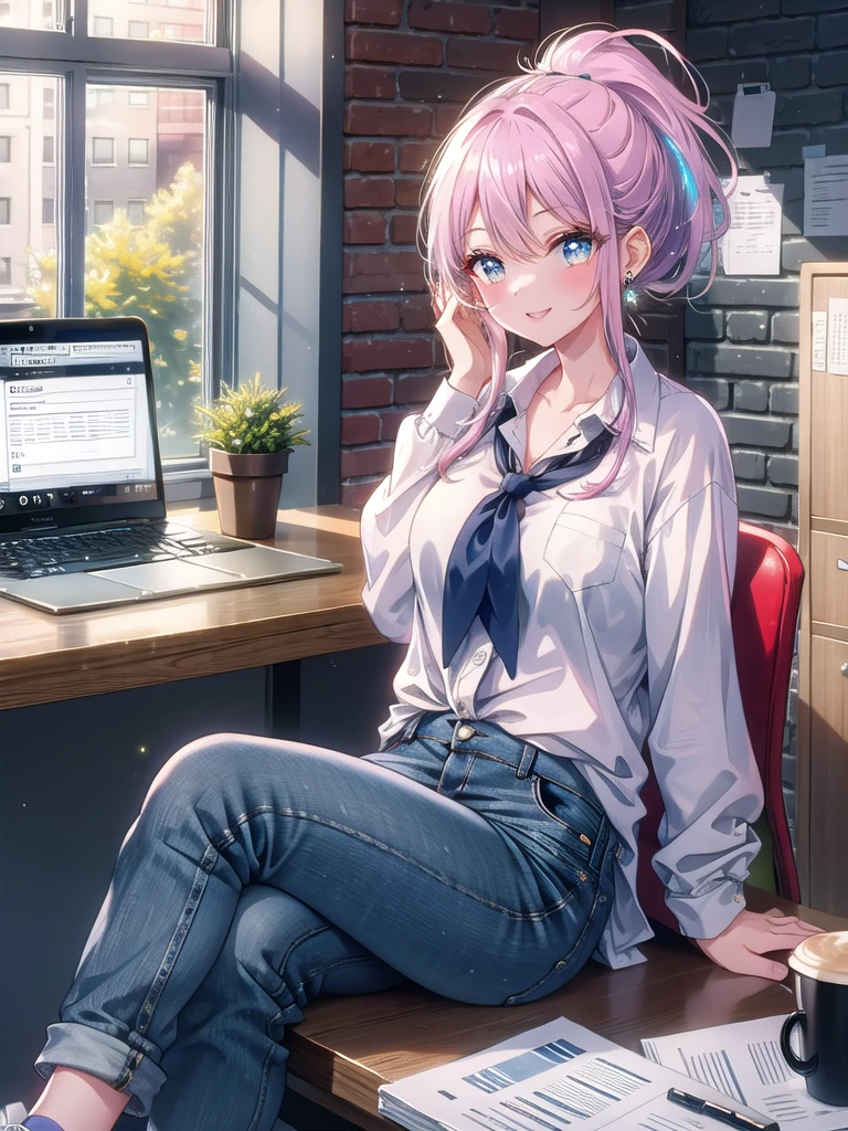 ((8k, Highest quality, masterpiece: 1.3)),Ultra-high resolution,(1 girl, alone), (Color changing eyes, Ultra-detailed, Expressive brilliance, Glitter, Glowing Eyes), Highly detailed eyes, Highly detailed face, Random Hair, ((pastel colour)) The woman is seated at her desk in a modern, open-plan office with large windows overlooking a busy street. The office has an industrial design, with exposed brick walls, metal accents, and contemporary furniture. Her desk is equipped with a laptop, a stack of papers, a phone, and a reusable coffee cup. There’s a whiteboard behind her with project timelines and a few motivational quotes. The office is filled with the sound of soft chatter and the clicking of keyboards. She’s dressed in a white blouse with rolled-up sleeves, paired with dark blue jeans and comfortable sneakers. Her hair is tied back in a casual ponytail, and she’s wearing simple stud earrings. She glances at the camera with a cheerful and slightly mischievous smile, as if she’s just shared a light-hearted moment with a colleague.