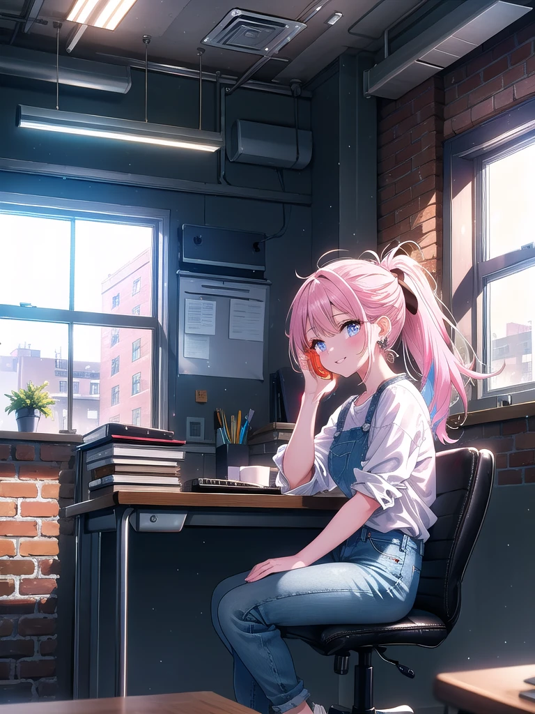 ((8k, Highest quality, masterpiece: 1.3)),Ultra-high resolution,(1 girl, alone), (Color changing eyes, Ultra-detailed, Expressive brilliance, Glitter, Glowing Eyes), Highly detailed eyes, Highly detailed face, Random Hair, ((pastel colour)) The woman is seated at her desk in a modern, open-plan office with large windows overlooking a busy street. The office has an industrial design, with exposed brick walls, metal accents, and contemporary furniture. Her desk is equipped with a laptop, a stack of papers, a phone, and a reusable coffee cup. There’s a whiteboard behind her with project timelines and a few motivational quotes. The office is filled with the sound of soft chatter and the clicking of keyboards. She’s dressed in a white blouse with rolled-up sleeves, paired with dark blue jeans and comfortable sneakers. Her hair is tied back in a casual ponytail, and she’s wearing simple stud earrings. She glances at the camera with a cheerful and slightly mischievous smile, as if she’s just shared a light-hearted moment with a colleague.