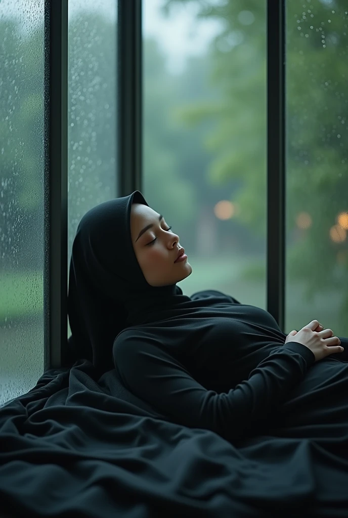 Beautiful woman sleeps, night rain in the glass room, black hijab woman sleeping rain glass window